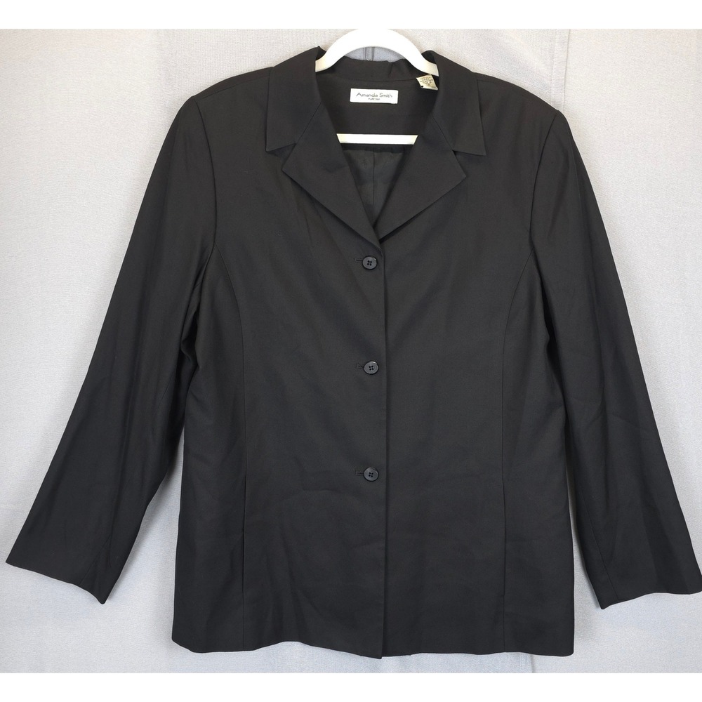 Amanda Smith Blazer Womens 16 Pure Silk Black‎ 3 Button Lined Career Jacket